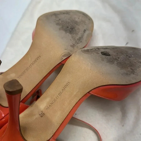 Manolo Blahnik High Heel Shoes Patent Leather Ankle Strap Orange Open Toe 36 - Picture 9 of 11